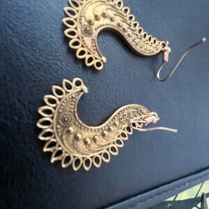 Vintage Gold Tone Crescent Moon Dangle Earrings Detailed Boho Ethnic Jewelry